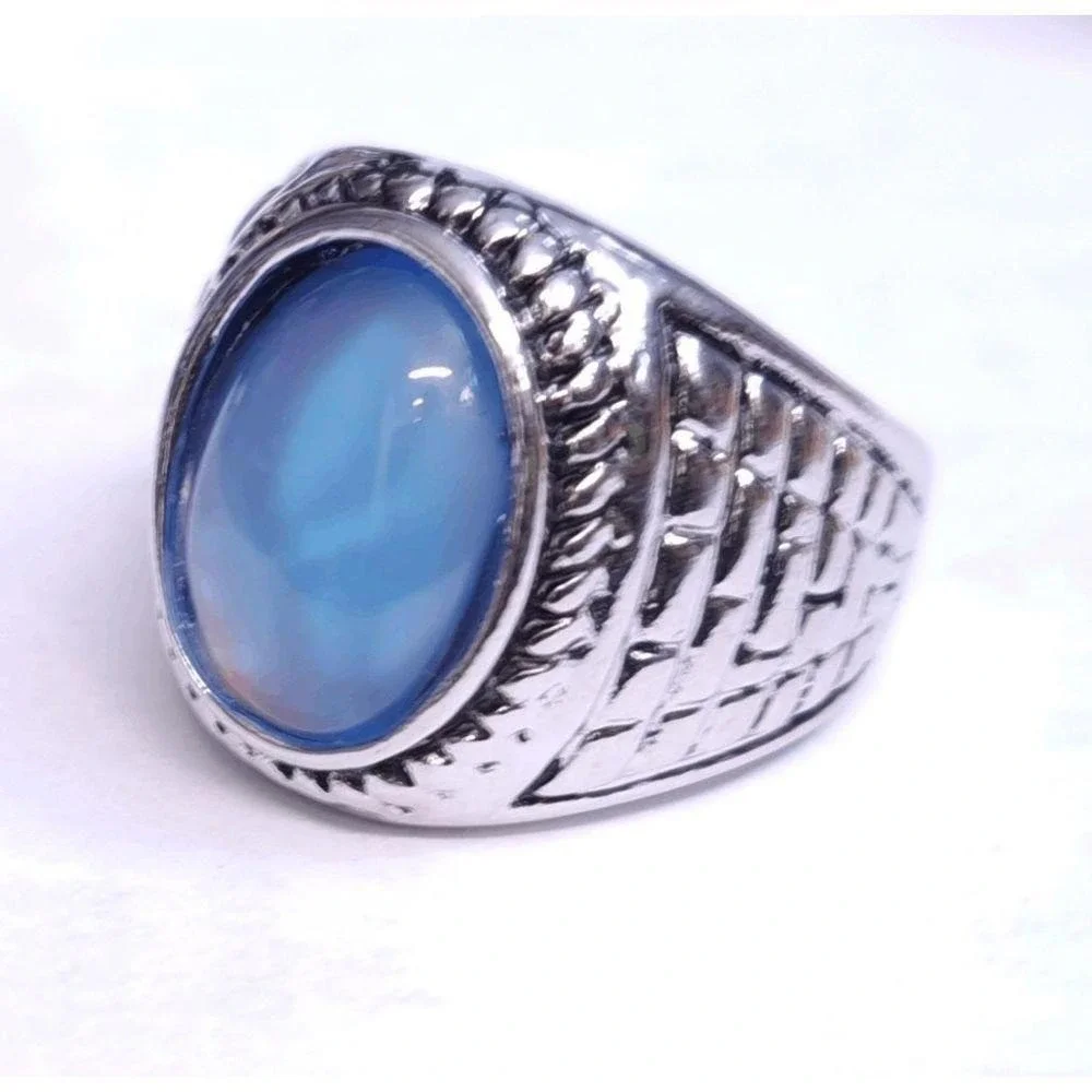New Faux Cat Eye Moon Looking Oval Stone 8.5 Silvertone Fashion Ring Mens Womens